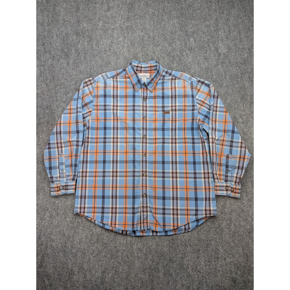 Carhartt Shirt‎ Mens XL Blue Orange Plaid Button Down Cotton Denver Broncos
